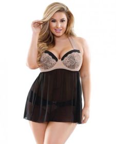 Serena Halter Babydoll Panty Black Nude 3X/4X