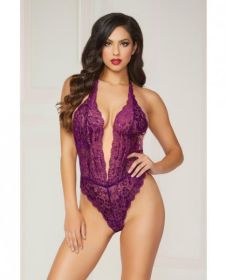 Floral Lace Teddy Halter Ties Snap Crotch Purple O/S